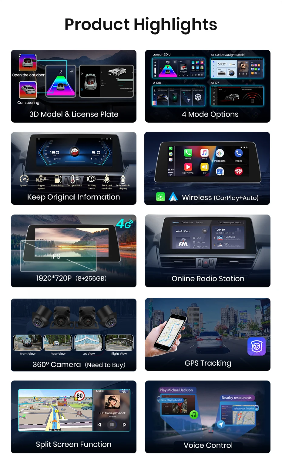 Junsun 8,8 zoll carplay für apple autoradio multimedia für bmw f45 f46 f87 2012-2018 nbt evo wireless android auto gps stereo – Detail 5