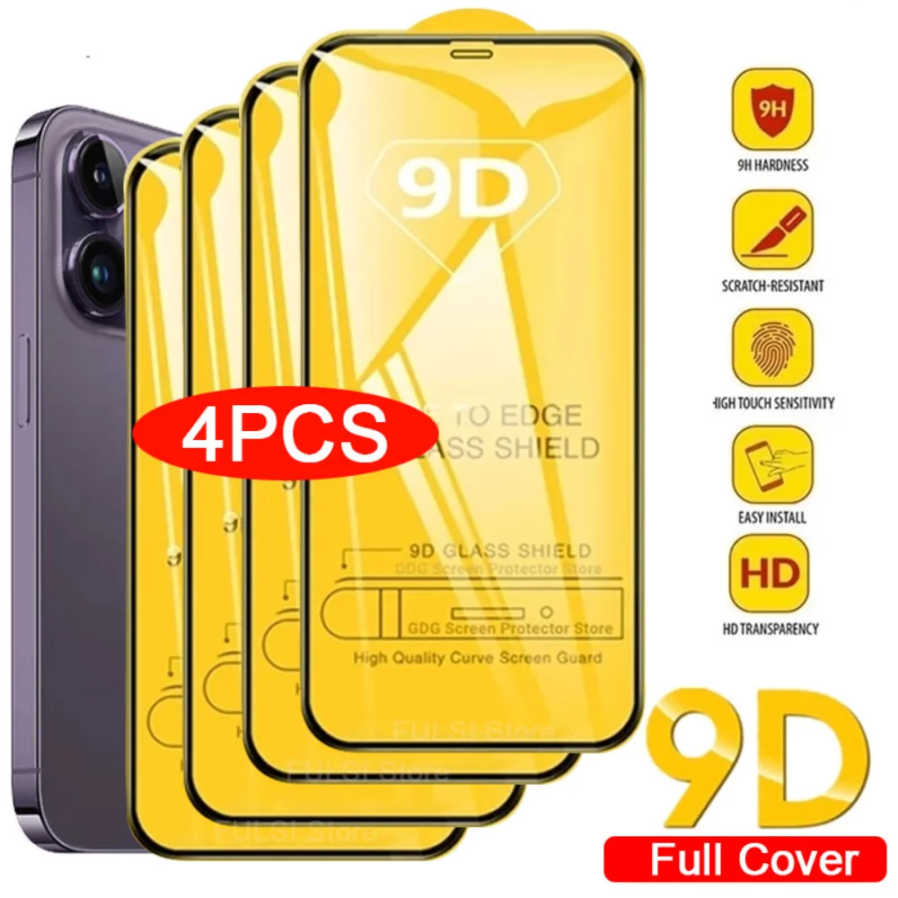 4PCS Full Cover Tempered Glass For iPhone 11 12 13 14 Pro Xs Max Screen Protector For iPhone X XR 6 7 8 Plus Protective Glass