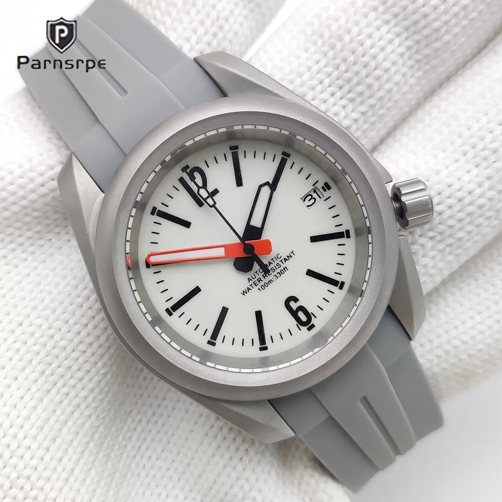 38mm Sterile Silver Men Automatic Watch Aviator Retro Mechanical Wristwatch 5ATM Waterproof C3 Luminous NH35 move Rubber strap