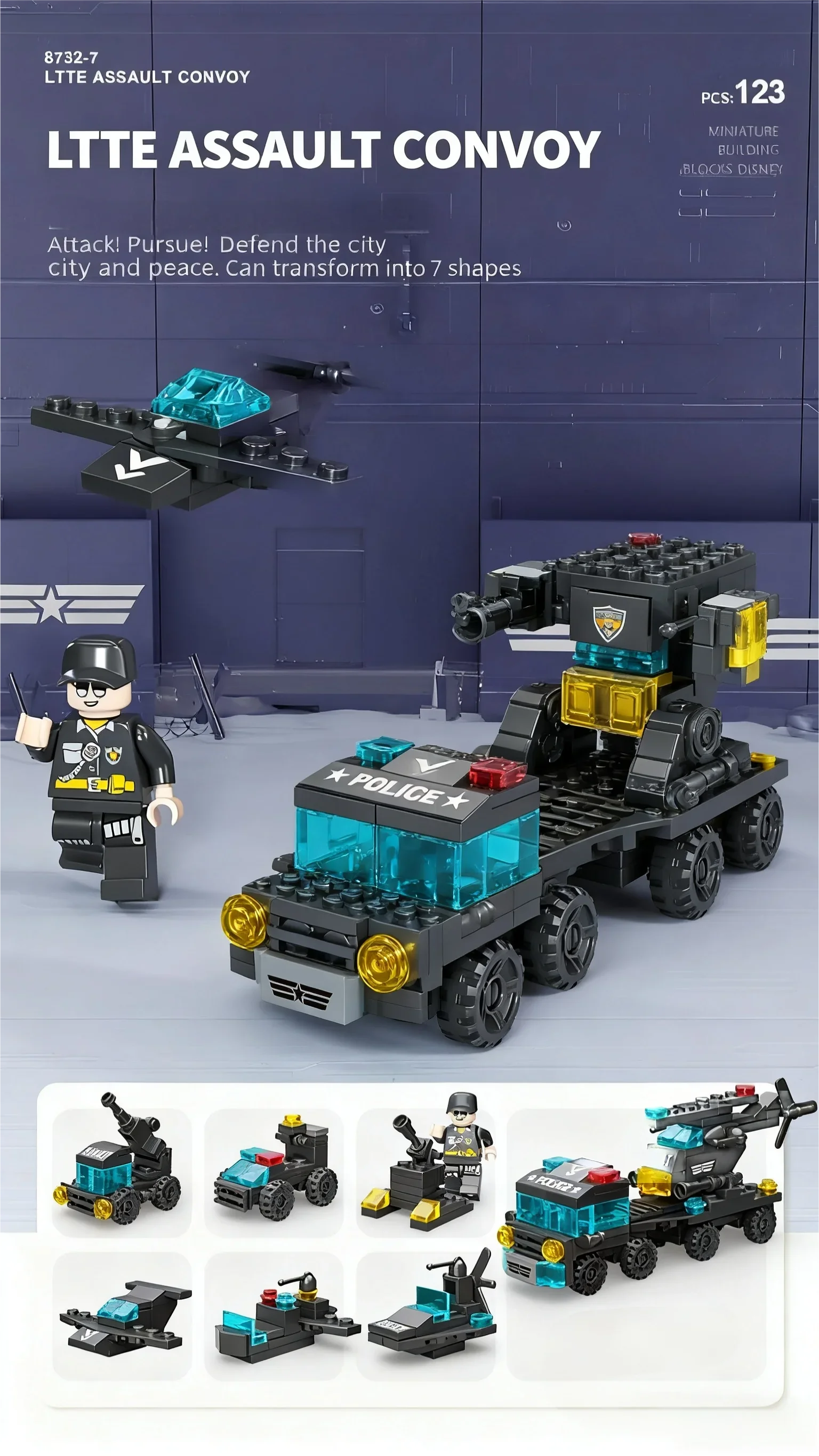 6-in-1 Mega-Stadt-Baukasten - Polizeiauto, Feuerwehrauto, Kran, Panzer, Hubschrauber & Mehr, Bauingenieur-Spielzeug Geschenk – Detail 12