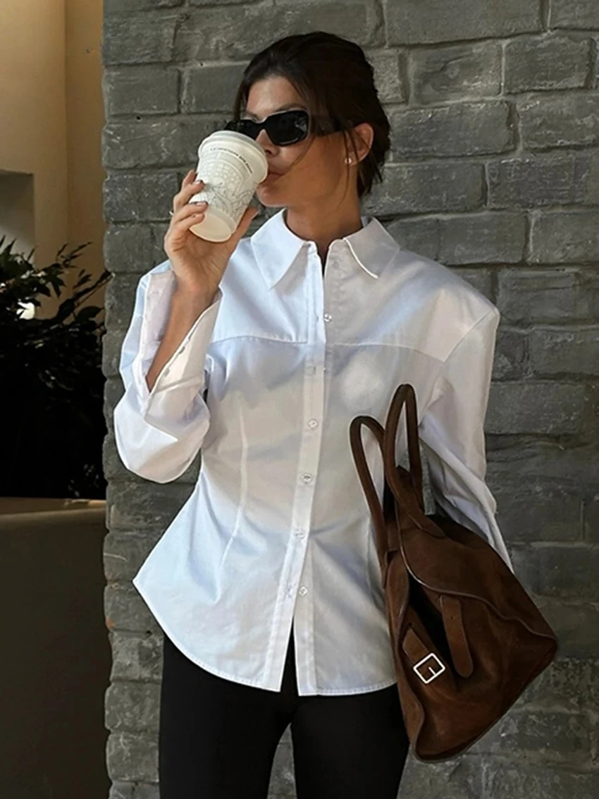 

Spring 2026 Bodycon Lapel Long Sleeve Shirt Elegant Classic Solid Top Female Clothing Fashion Slim White Cotton Women's Blouse