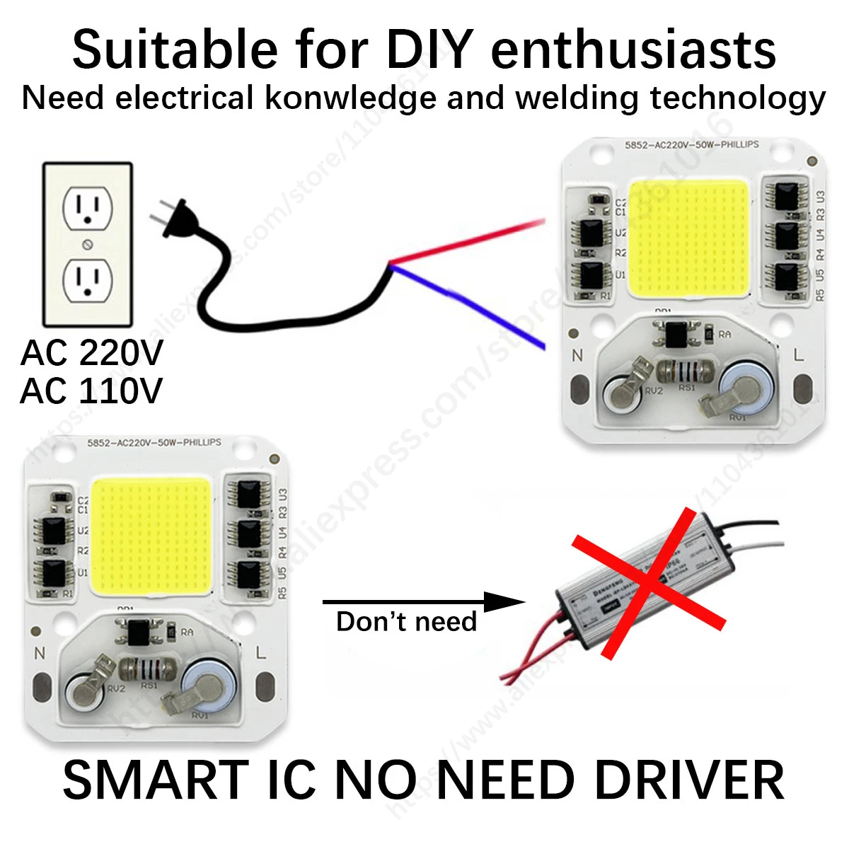 5PCS LED COB Chip Module 50W 220V High Voltage AC Drive Free Smart IC White or Warm Lamp Beads for DIY Floodlights