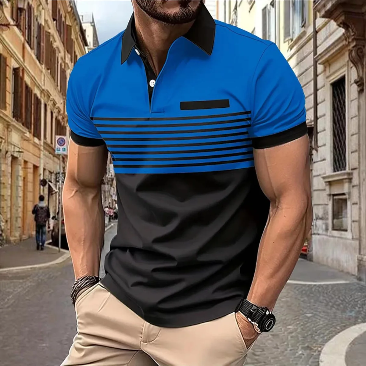 (Euro code) New Men's Casual Polo Shirt V-neck Button Striped Patchwork Color Versatile T-shirt