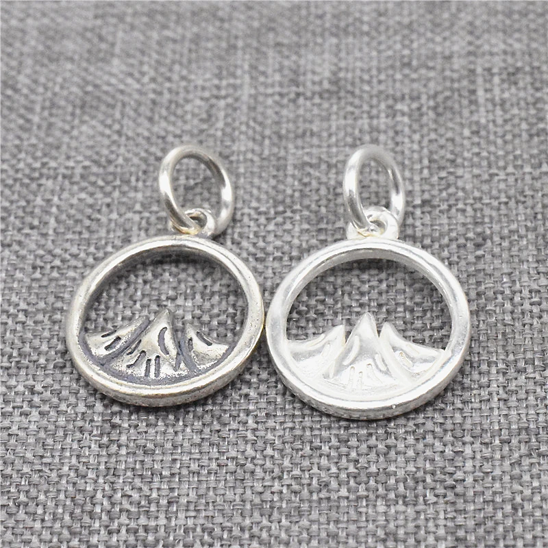 2 Pieces Mountain Charms Double Sided Circle Hill Range Pendant in 925 Sterling Silver for Necklace and Bracelet Making