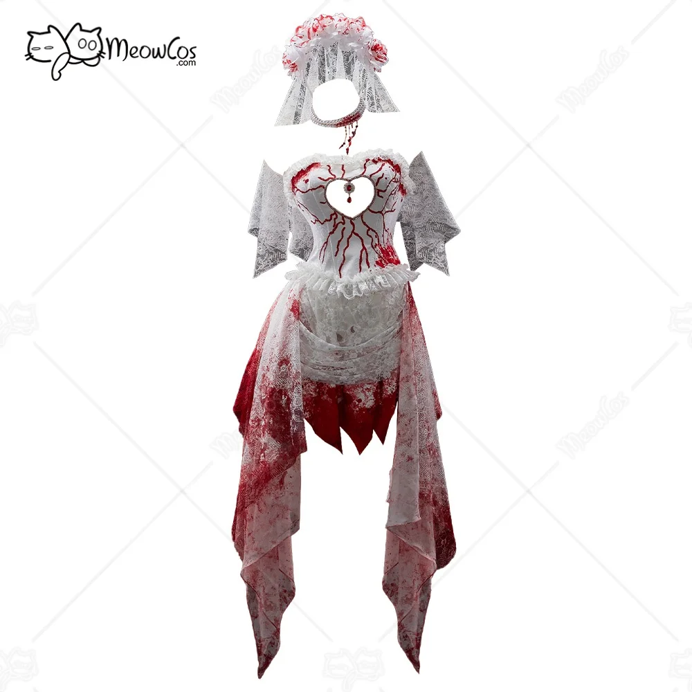 

Halloween Bloody Bride Costume Set Gothic Tube Top Skirt Headband Gloves - Red White Carnival Suit for Women 2025 New