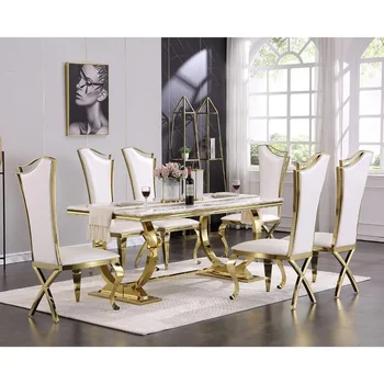 7 Piece Dining Table Set, Gold Kitchen and Dining Room Sets for 6, Metal Circling Base Dining Table in White Gold
