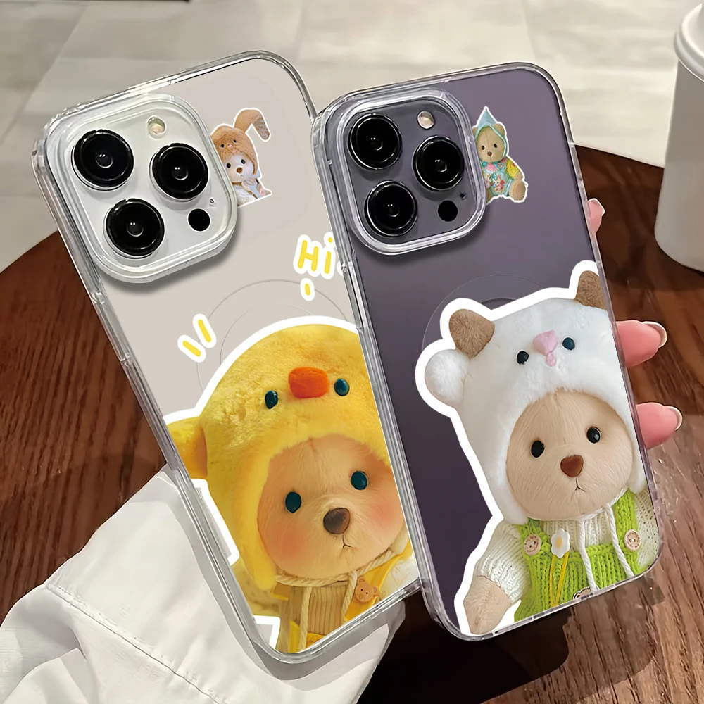 

Cute Teddy Bear Doll Phone Case For iPhone 11 12 13 14 15 16 Pro Max Plus Magesafe Magnetic Transparent Charge Soft Shell