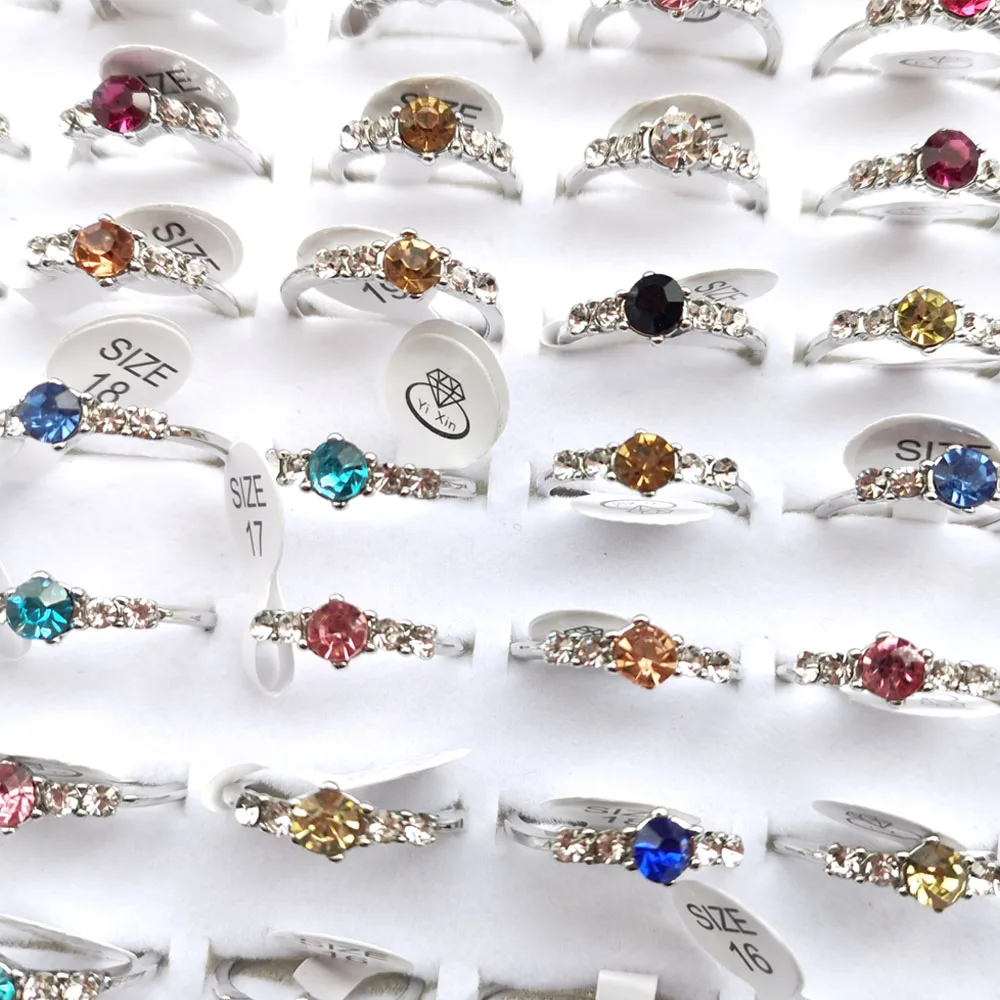 10Pcs/lot Vintage Mix Color Crystal Rhinestone Silver Plated Rings For Women Fashion Wedding Jewelry Party Gifts