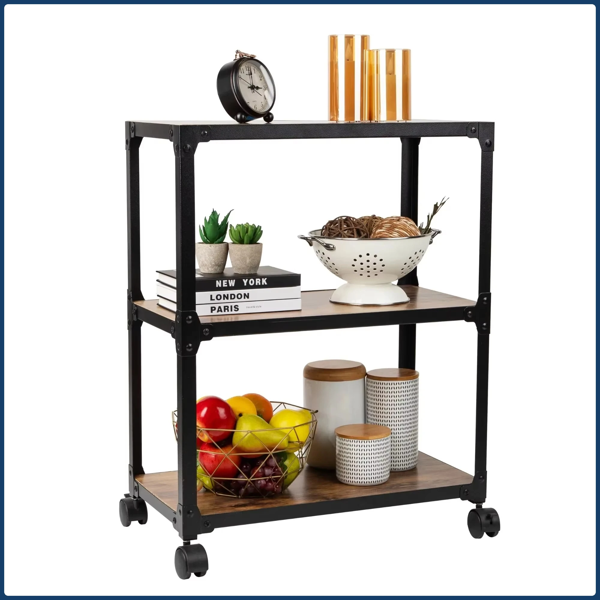 

Brown Metal & MDF 3-Tier Rolling Cart, Mobile Storage Organizer Multipurpose Durable, Space Saver for Home Office Kitchen
