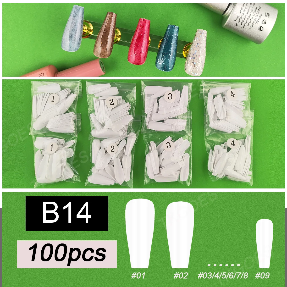 B14 Weiße Farbe, künstliche Nagelspitzen, Einzelgröße, 100 Stück, lange Ballerina-Sarg-Nachfüllung, künstliche Nagelpackung, Größe 0 bis 9, erhältlich