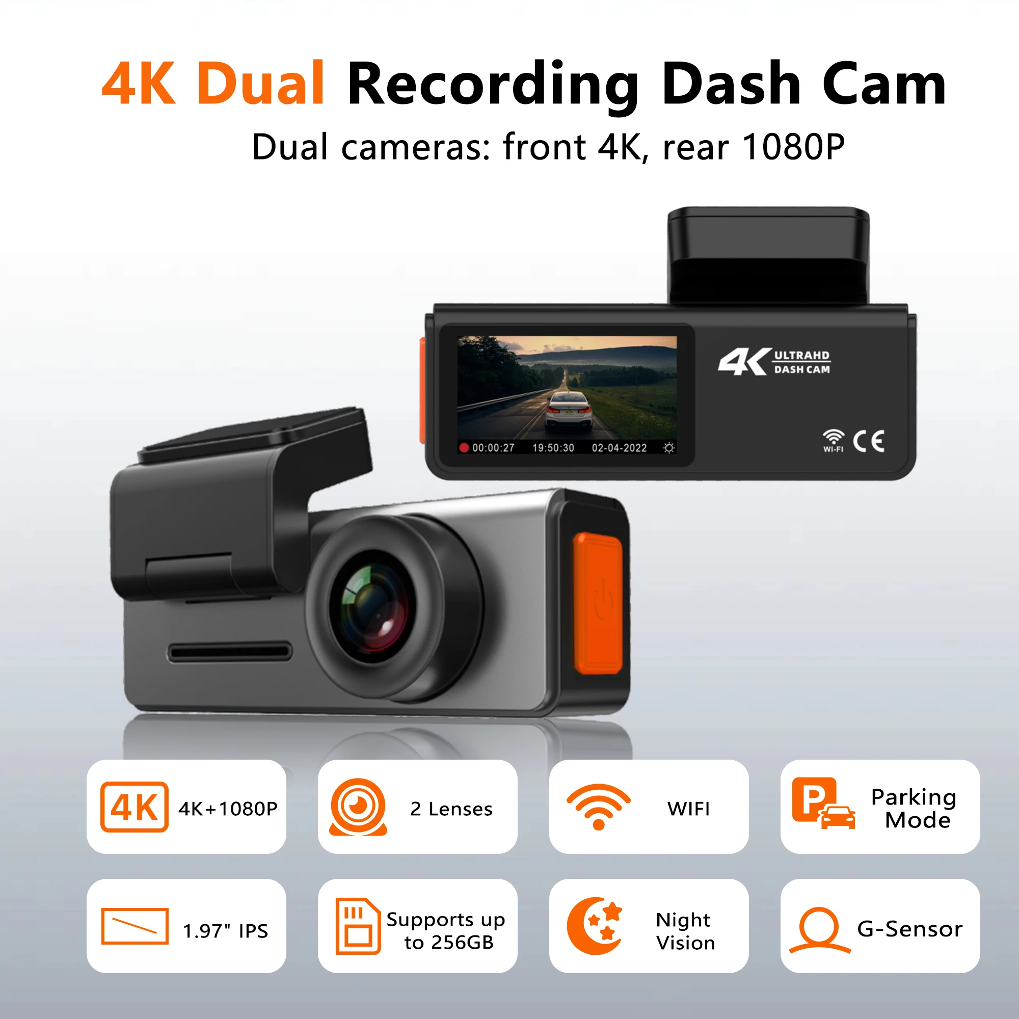 Dash Cam 4K HD Front WiFi Car Camera DVR Night Vision Video Recorder 1080P Rear View Camera Rear View Camera 32G TFCard Optional