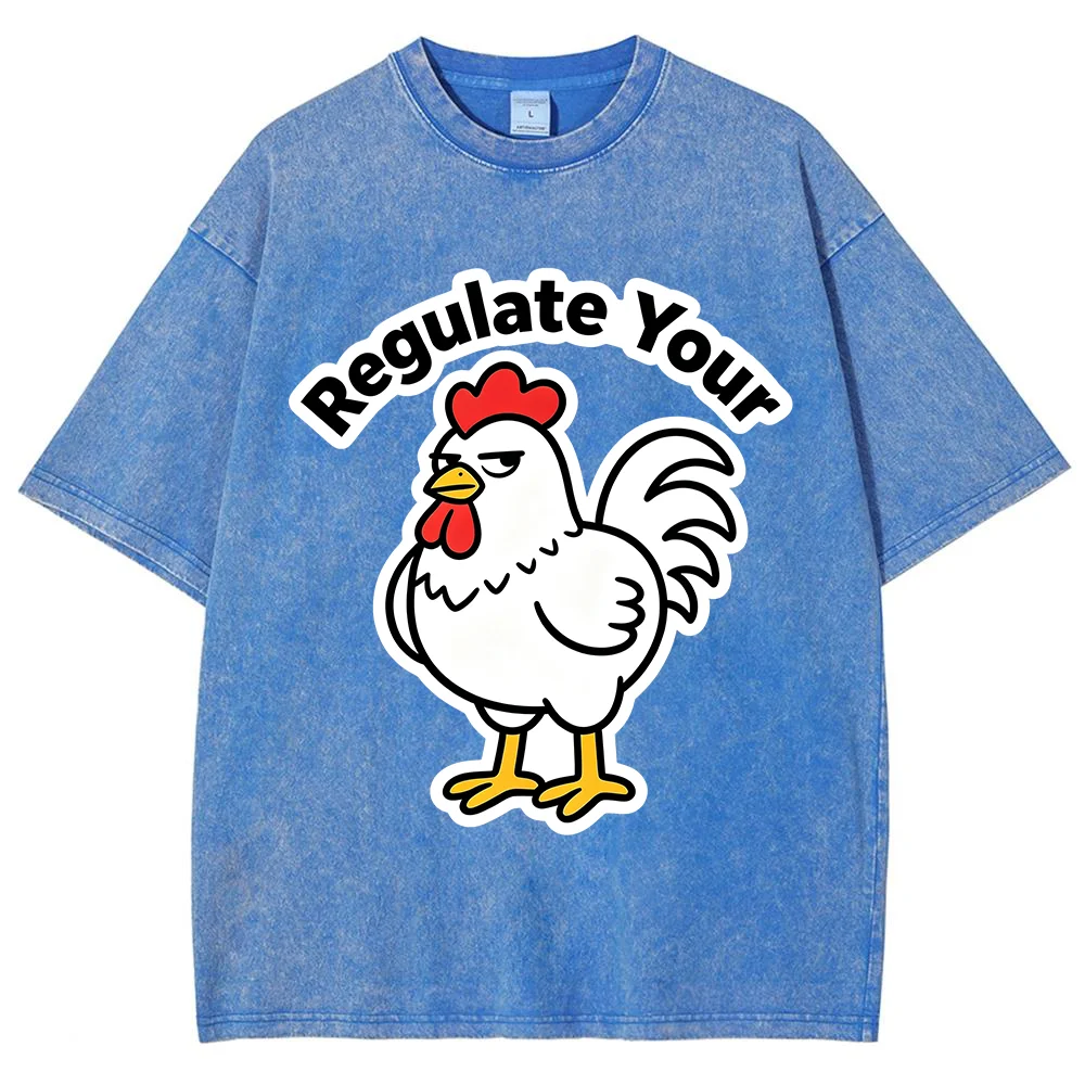 Women Regulate Your  T Shirt Dark Grey Acid Wash Funny Cartoon Rooster Graphic Tee Vintage Streetwear Summer Top