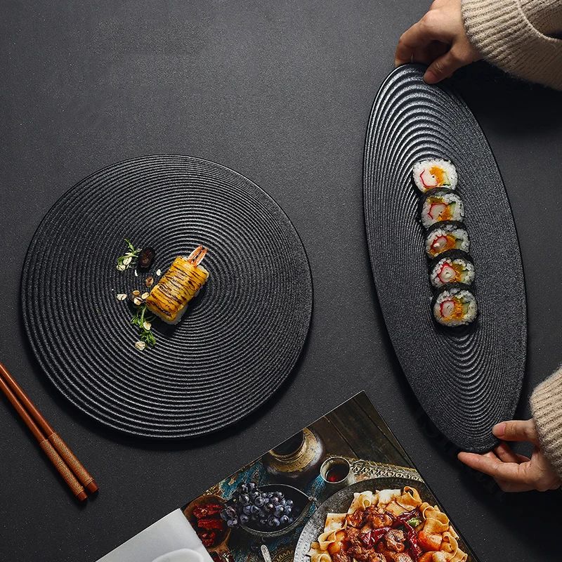 

Simple Black Matt Ceramic Plate Japanese Style Restaurant Tableware Serving Tray Cold Dishes Sushi Dinner Plate Sashimi Dish