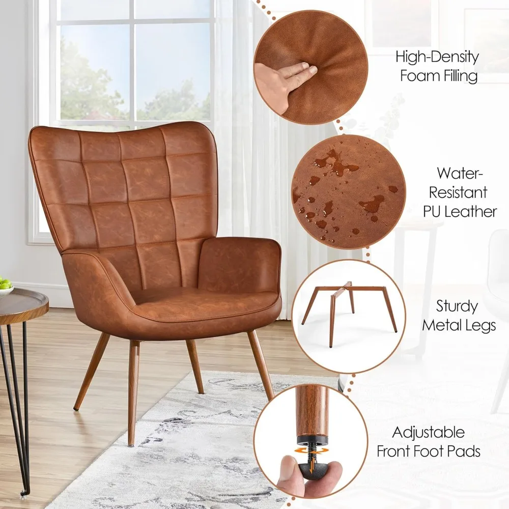 

Decorative Chair, Large PU Leather High-back Chair, Metal Legs, Living Room Chair, Customizable