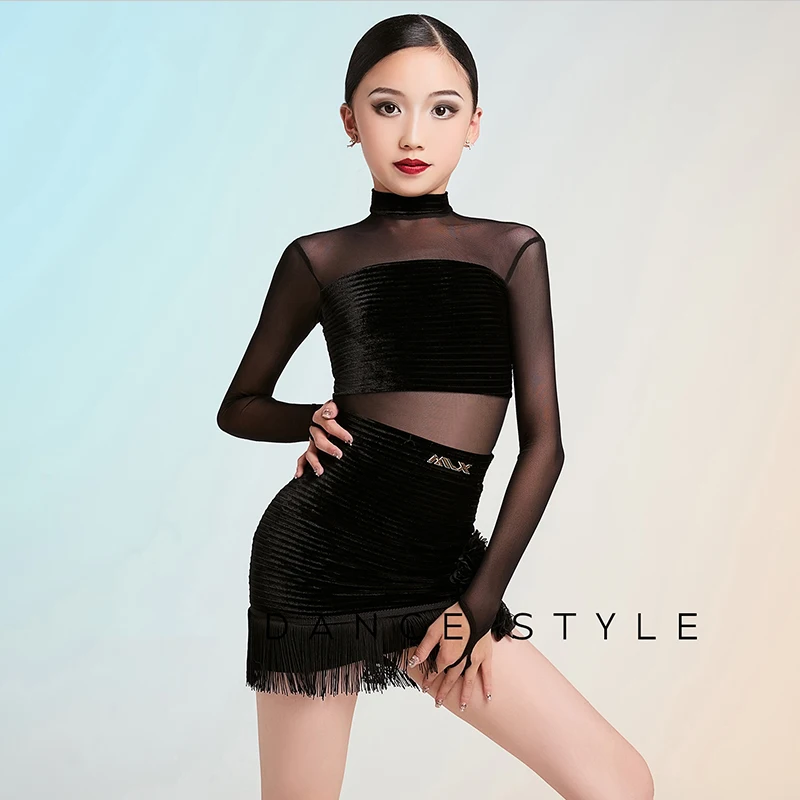

Black Latin Dance Clothes Girls Cha Cha Dancing Training Suit Mesh Long Sleeve Bodysuit Fringe Skirt Children Practice Wear 2267