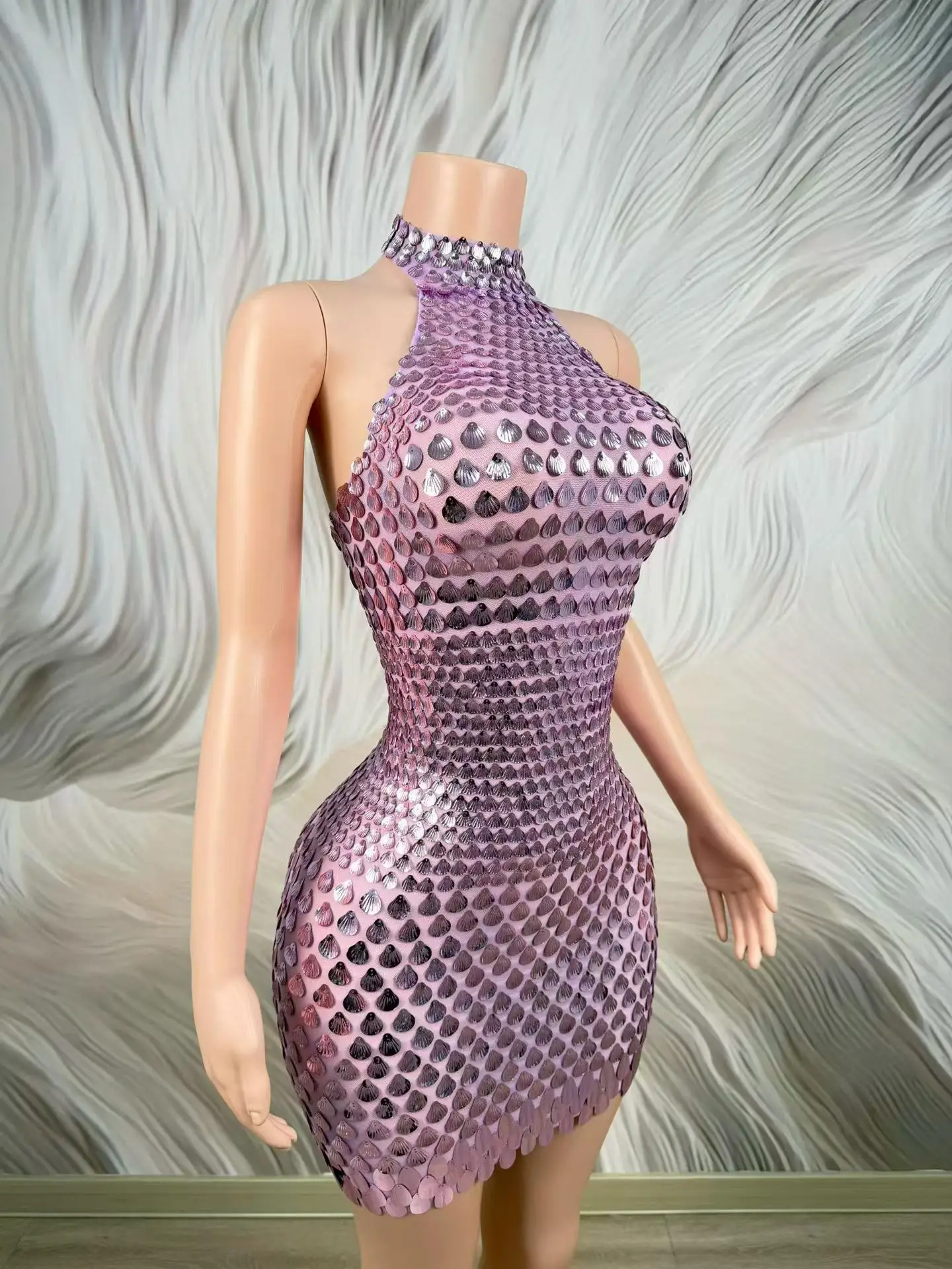 Women Gradient Purple Scale Halter Mini Dress, Backless Mermaid Sequins Bodycon Costume, Singer Dancer Outfit For Nightclub