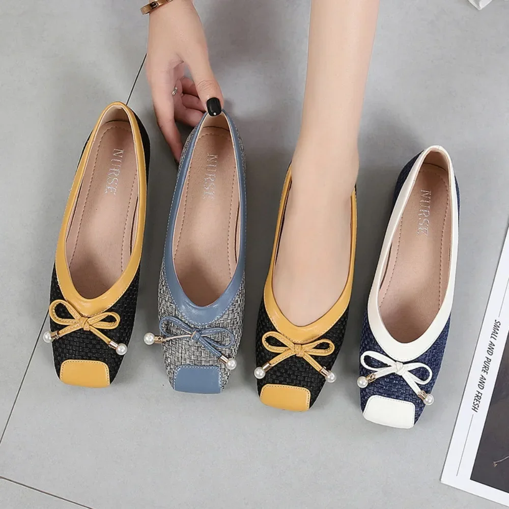 Women Flat Shoes Large Size Women\'s Shoes 43 44 Flat Sole Single Shoes Women 2024 New Blue Bow Shallow Mouth Square Toe Flats