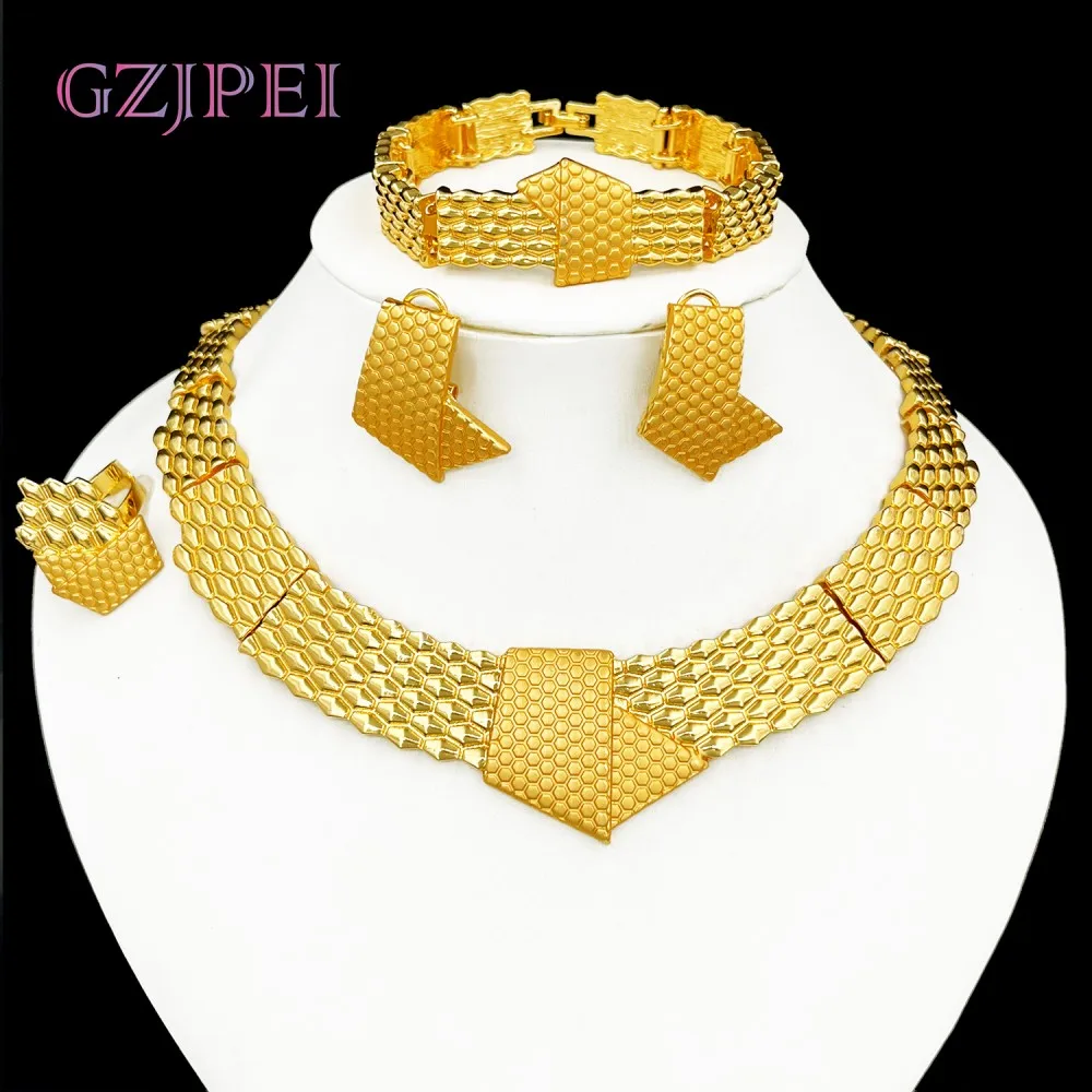 

GZJPEI Africal Gold Color Jewelry Set Classic Design Geometry Twist Necklace Bracelet Earring Ring Set For Women Wedding Gift
