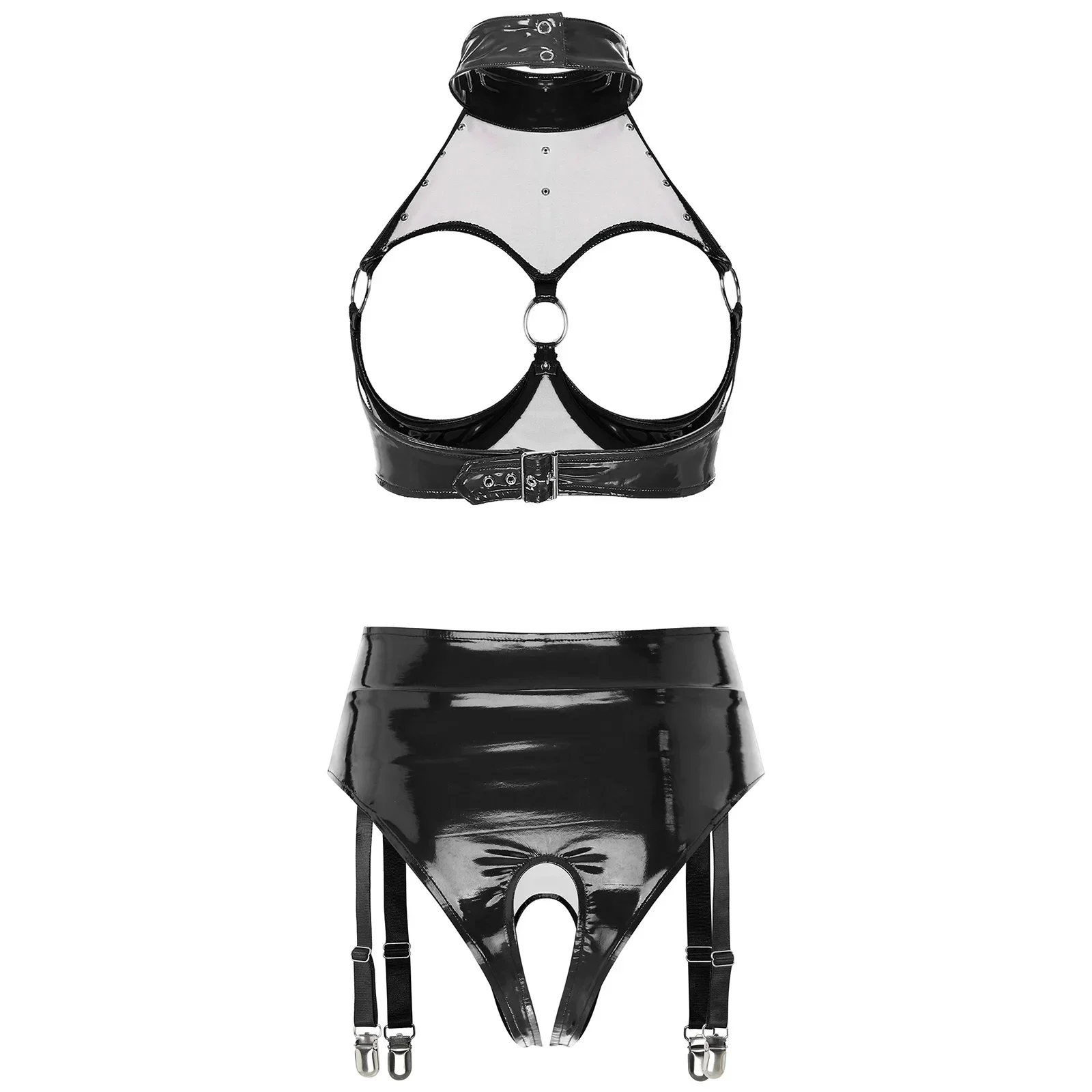 ملابس داخلية مثيرة للنساء ذات مظهر رطب لامع من الجلد اللامع وكوب مفتوح حمالة صدر بسلك سفلي ملابس داخلية عالية الخصر بدون حمالات مع رباط