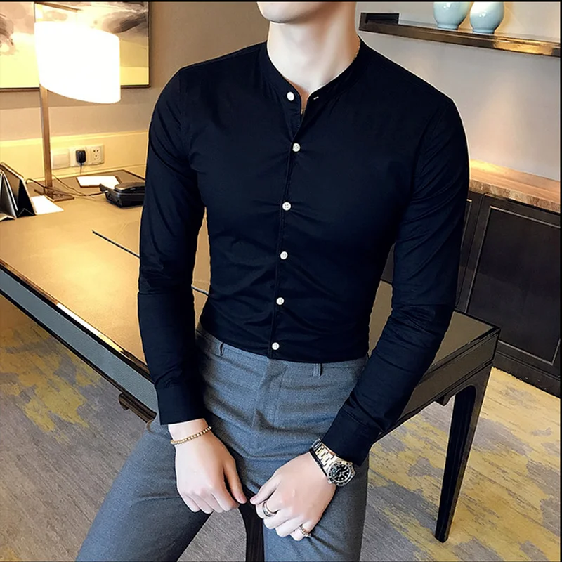 Men Slim Fit Shirt 2024 Autumn Cotton Solid Stand Collar Casual Business Long-sleeved Shirts Male Fashion Camisas Men Clothing