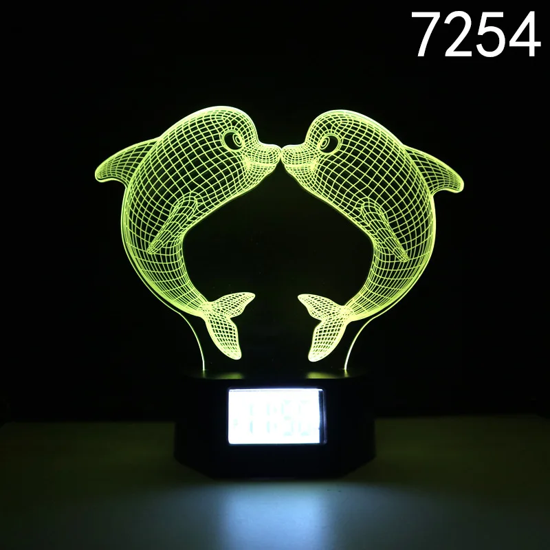 قاعدة الساعة الصغيرة، سمك القرش دولفين راي وغيرها من المخلوقات المائية، ضوء LED ملون، ساعة إبداعية ثلاثية الأبعاد