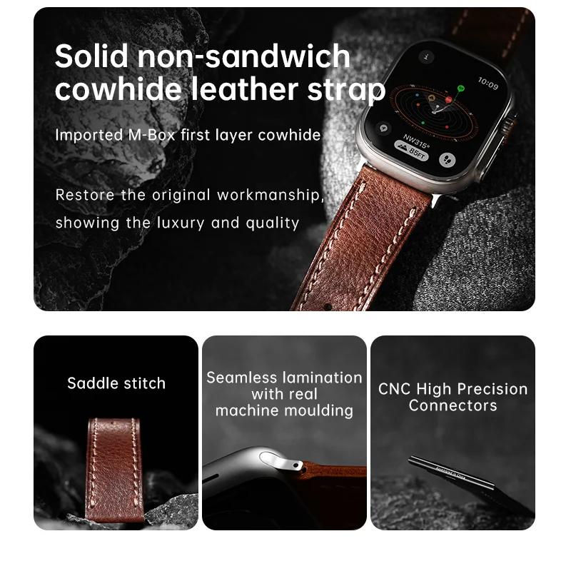 MAIKES Compatible with Apple Watch Band 49mm Ultra 2 45mm 44mm 41mm Genuine Leather Watch Straps for iWatch Series 9 8 7 6 5 4