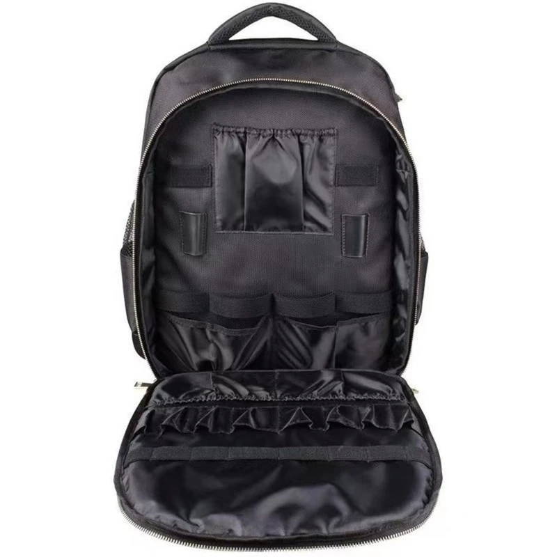 Hairstylist Tool Backpack, Large Capacity Black Fabric Carry Pack with Elastic Holders and Foil Lined Pocket for D2RD