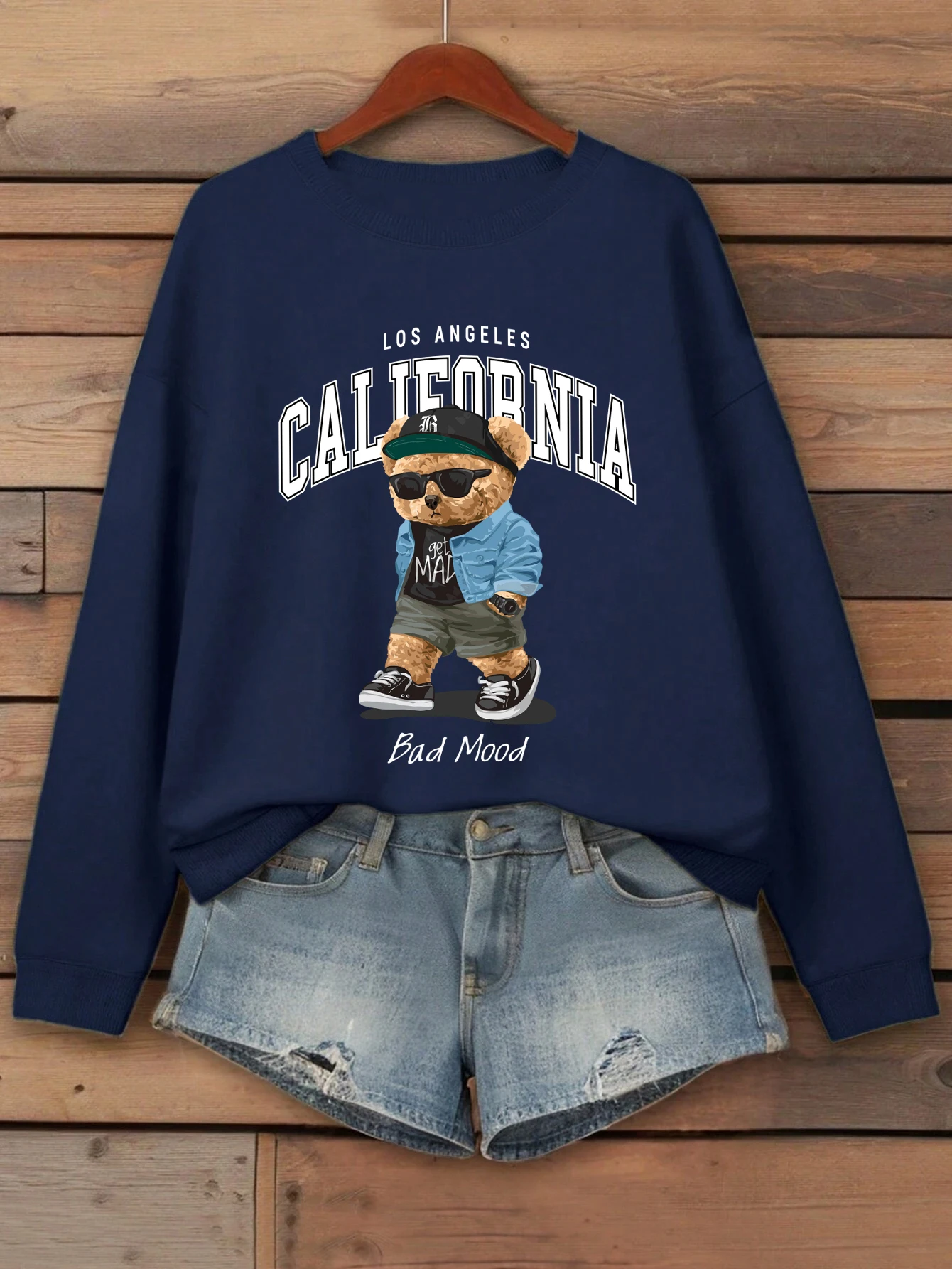 Humor mau desenhos animados urso impressão moletom feminino velo jogging streetwear solto roupas de outono confortável o-pescoço pullovers