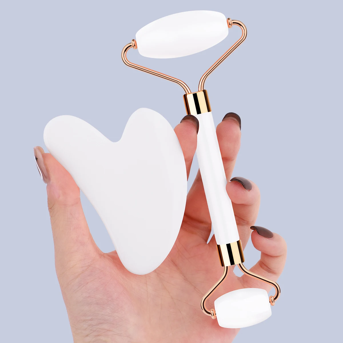 2 pièces de massage à rouleaux à double tête en jade naturel Shi Ying et ensemble de planche à gratter en forme de coeur, l'outil parfait pour les soins du visage,