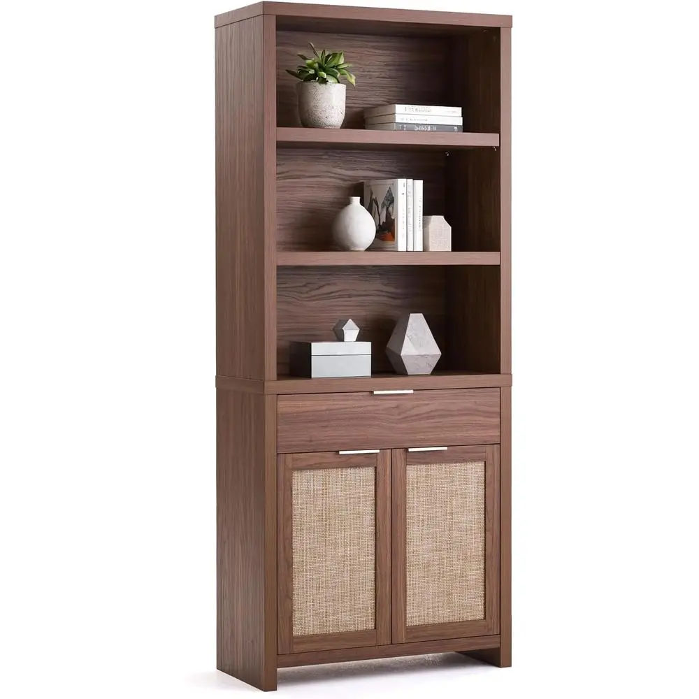 

5-Tier Rattan Boho Style Bookcase, 71 Tall Wooden Storage Cabinet with Drawers, Walnut Finish