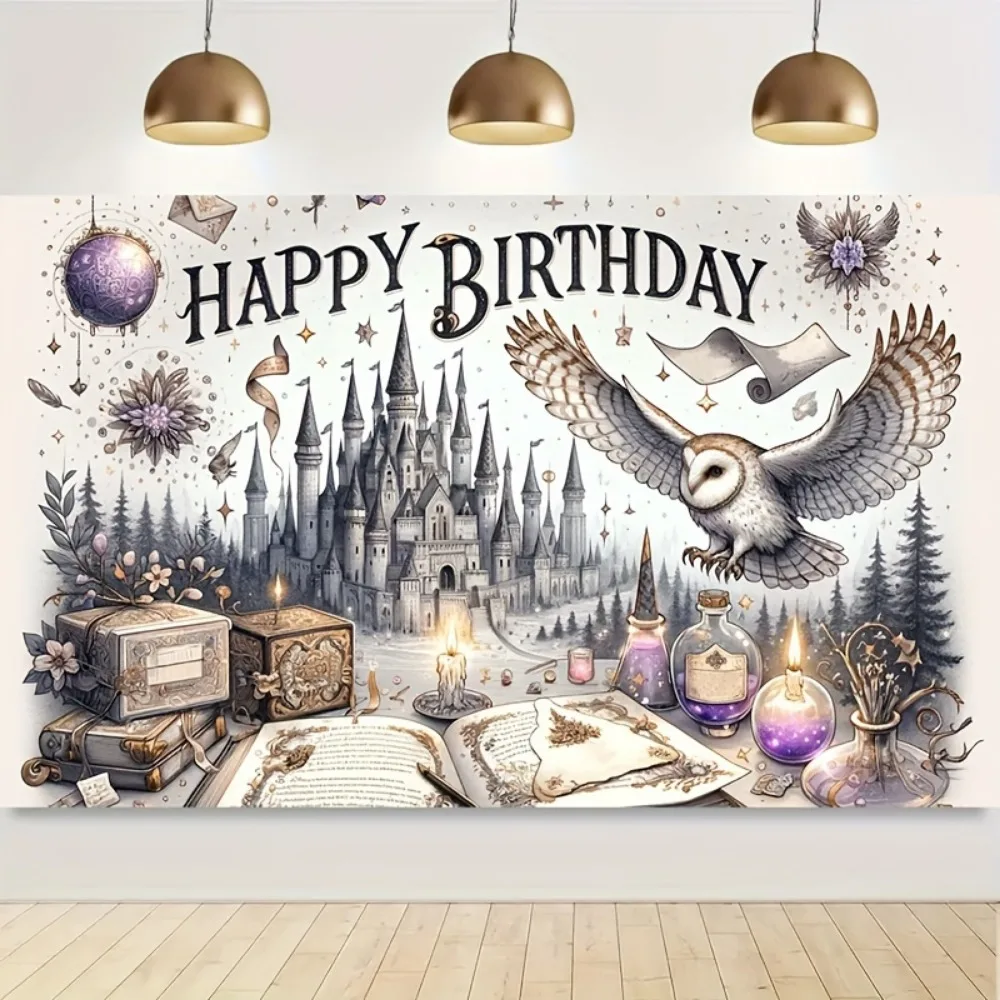 Banner de fondo de feliz cumpleaños con diseño de castillo mágico y búho, decoraciones para fiestas temáticas de fantasía,