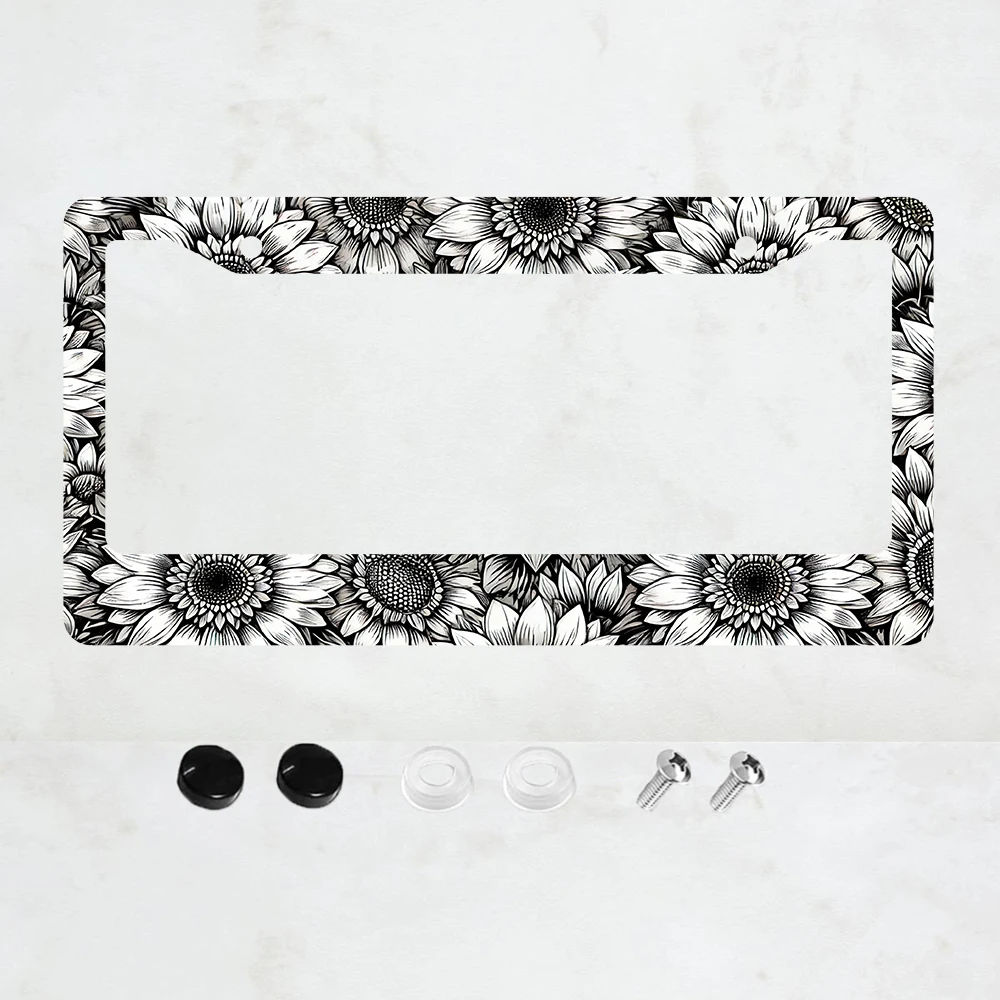 

1PC Sunflower Pattern Design on Dark Background License Plate Frames Rust-Proof Aluminum Screws Fasteners Included Cover
