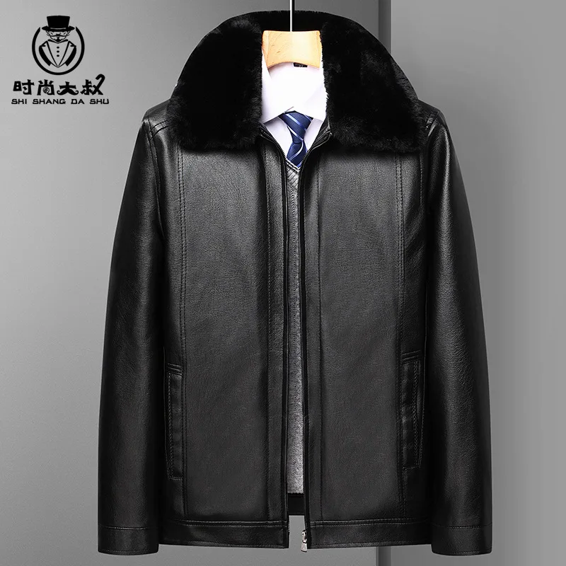 

Thiened Fce Lined Motorcycle Sle PU Leather Jaet for Middle-Aged And ly Men Winter Warm Coat with Fur Collar