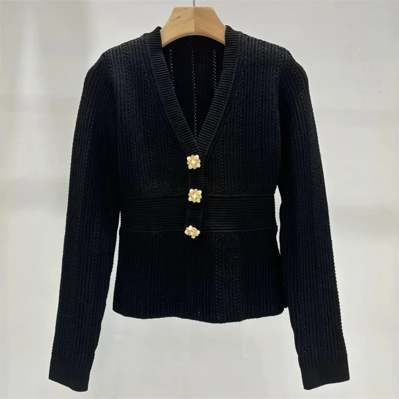 Cardigan for women New fashion button decoration long sleeved top for autumn 2024 Elastic shoulder pad slim fit women's sweater