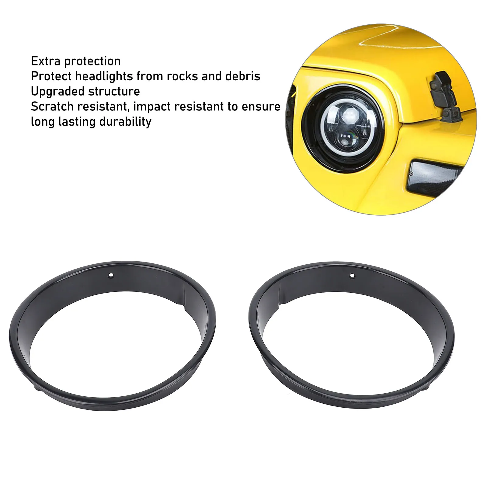 2PCS Car Headlight Bezel Cover Scratch Resistant Decorative Black Headlamp Trim Rings ABS for Jeep Wrangler TJ 1997 to 2006