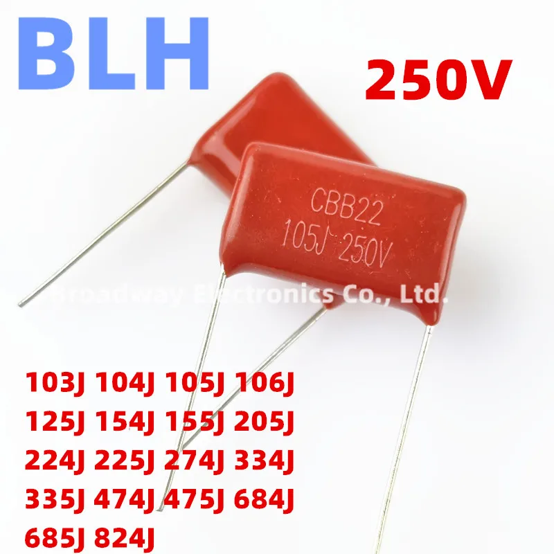 10PC 250V 103J 0.01UF 10NF 104J 0.1UF 100NF 105J 1UF 106J 10UF 125J 1.2UF 154J 0.15UF 150NF CBB Capacitor P5 P7.5 P8 P10 P15 P20