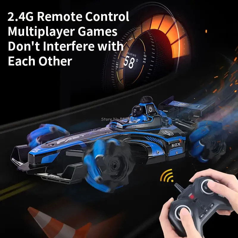 رذاذ قيادة متعدد الاتجاهات F1 للتحكم عن بعد سيارة حيلة 4WD إضاءة موسيقى 360 ° لعبة سباق سيارة سباق قوية الانجراف RC
