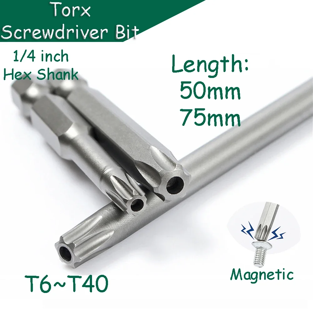 

5pcs Torx Screwdriver Bit T6 - T40 Magnetic 1/4 in. Hex Shank S2 Steel 50/75mm Length Electric Batch Head Repair Wrench Bits