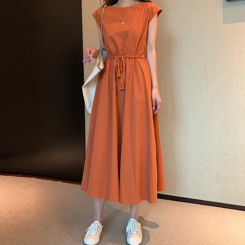 

Artistic Midi Dress 2025 Summer New Style Adjustable Waist Loose plus Size Cotton Linen Dress Elegant Simple Korean Casual