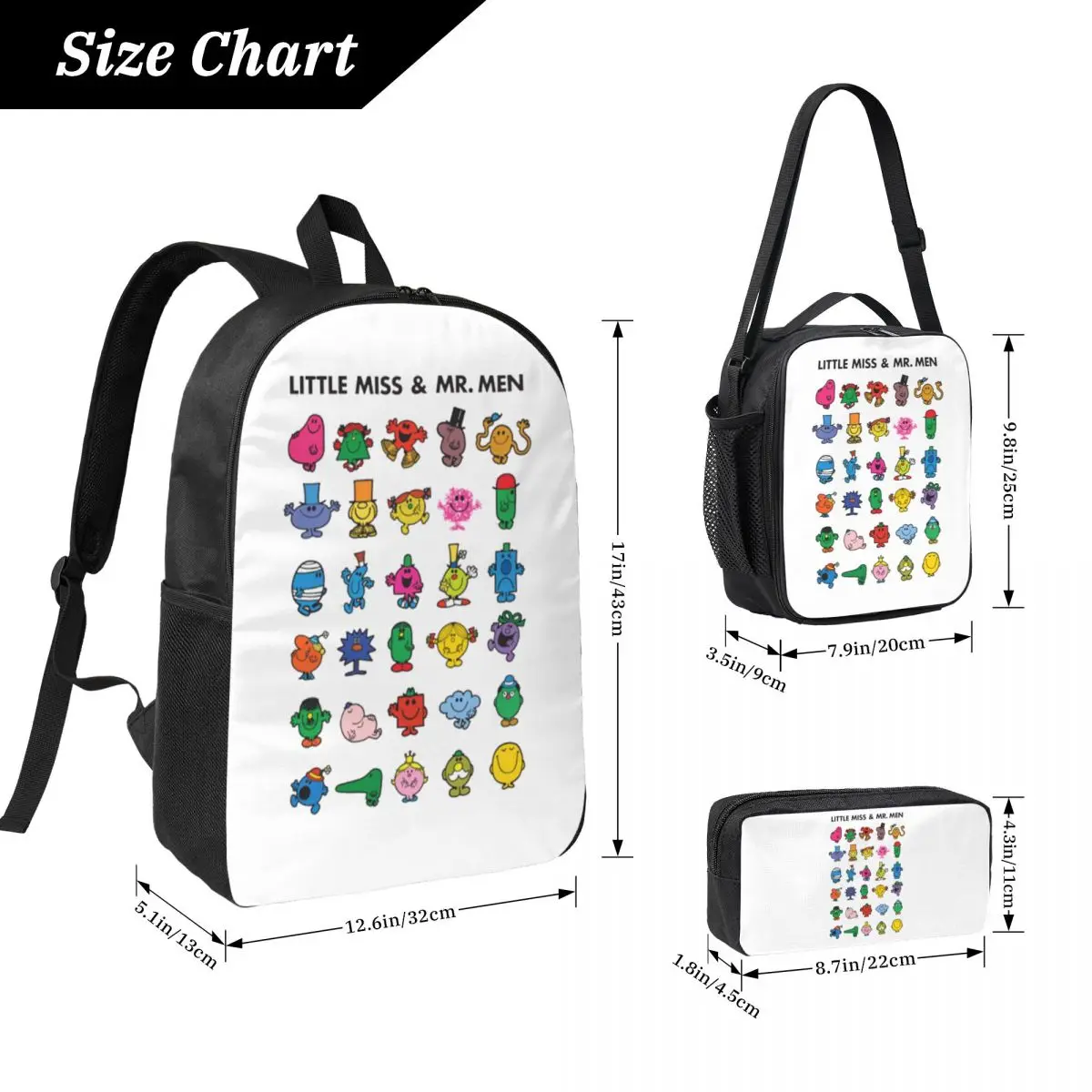 Little Miss And Mr. Men Backpack Student BookBag School Bag Computer Shoulder Bags 3ps Insulated Lunch Bag Pencil Case