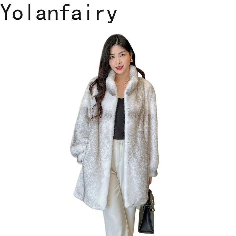 YOLANFAIRY Hign-end Natural Fur Coat Woman Luxury Winter Silver Cross Whole Mink Fur Jacket Women Stand Collar Warm Fur Coats