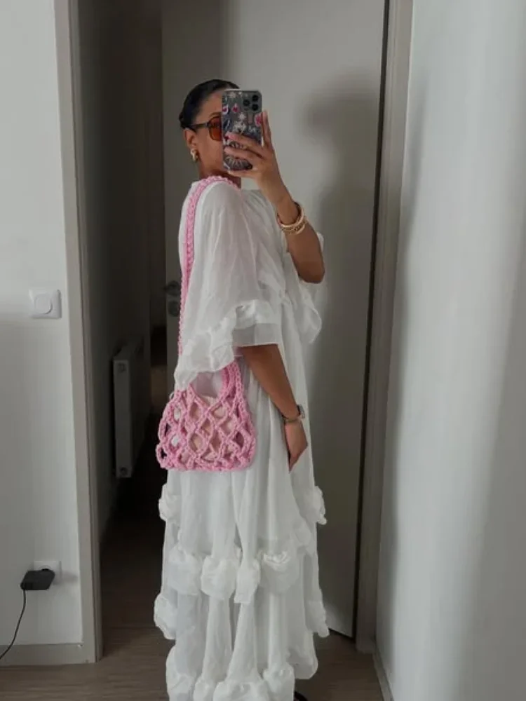 Mulheres cintura alta manga cheia a linha vestido longo branco decote em v chiffon em camadas babados maxi vestidos de verão senhora high street robes