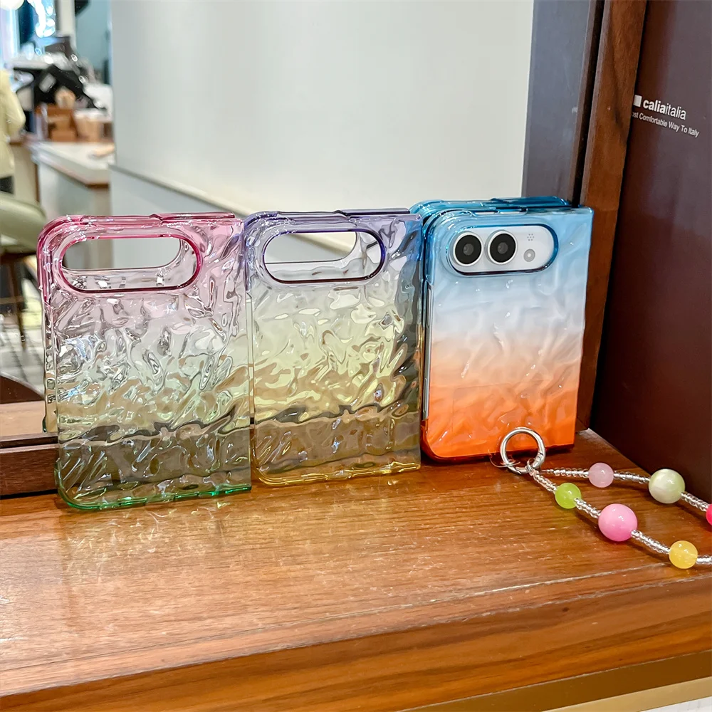 Fashion 3D Water Ripple Wrinkle Texture Case For iPhone Duo Gradient Shell Shockproof With Removable Beaded Hand Cover