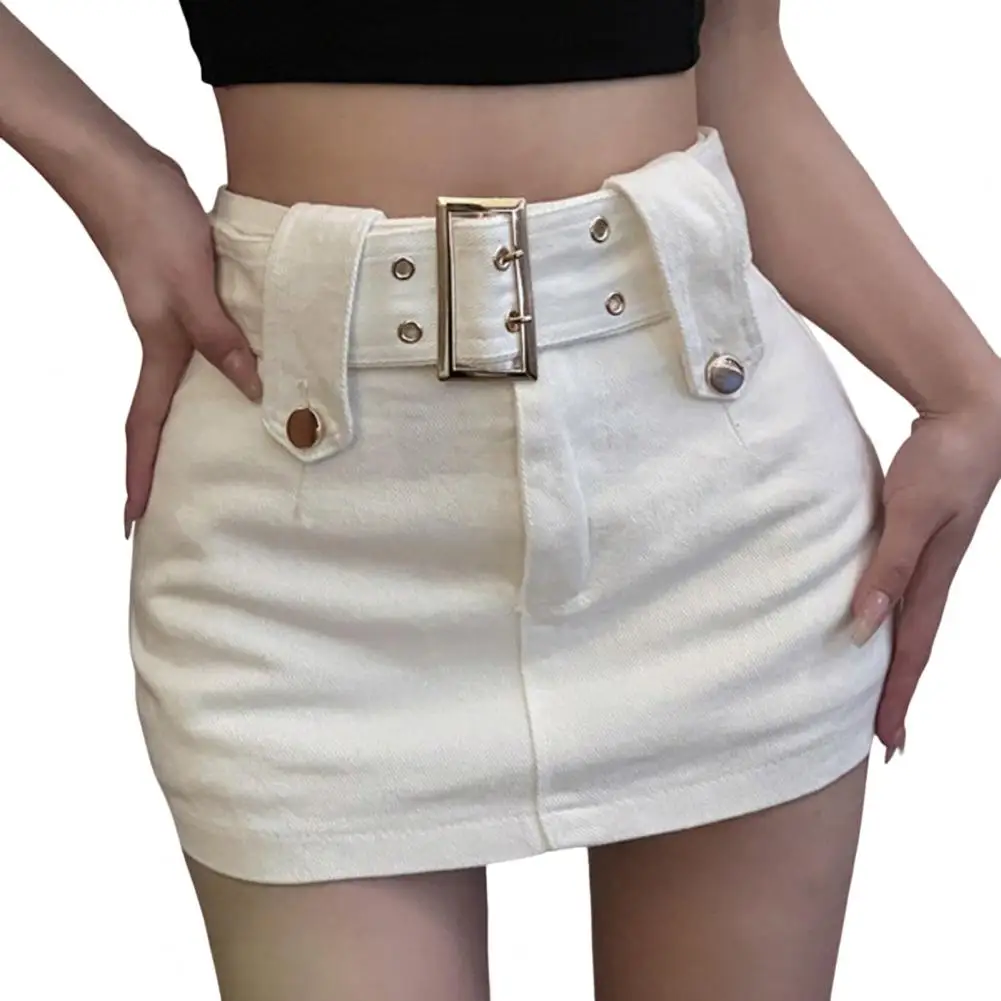 

Women Skirt High Waist Slim Denim Skort with Belt Solid Color Pockets Ultra-mini Skirt Fashion Accessories