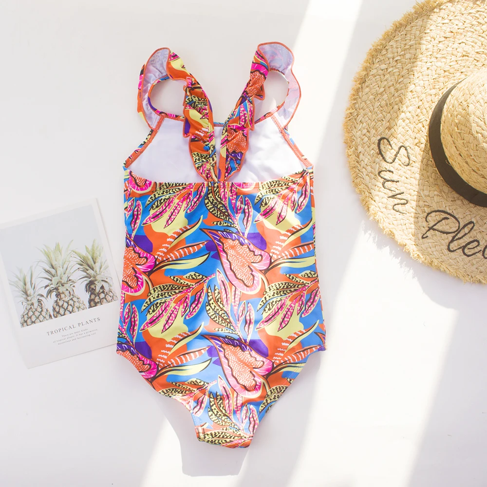 Leaf Print Summer Beach Children Girls Kids One Piece Swimwear Beachwear Bathing Suit 4-8Years Ruffle Deco Girls Kids Swimsuit