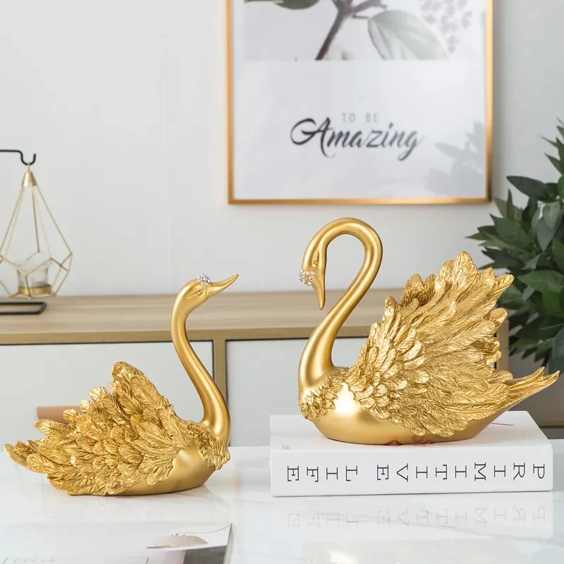 2PCS/SET Gold Swan Lovers Home Decor Ceramic Crafts Porcelain Animal Figurines Wedding Decoration Lovers New Year Gift