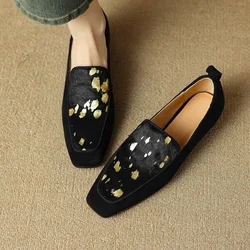 Women Shoes Square Toe Patchwork Horsehair Flats For Woman Sheesuede Cozy Loafers On Flat Heel Spring Autumn Ladies Simple Shoes