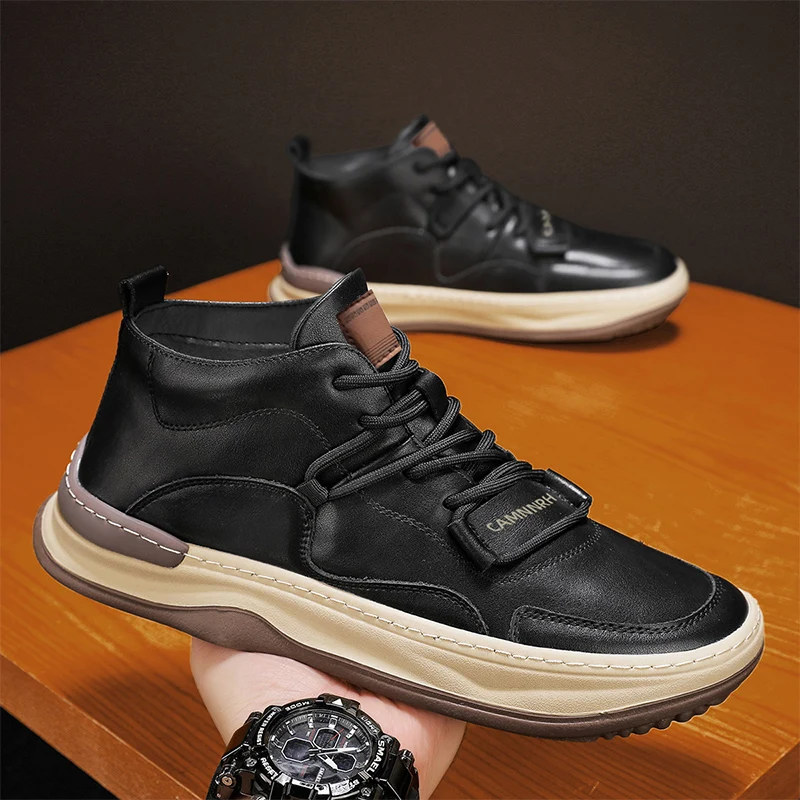 موضة أحذية جلدية للرجال تنفس المضادة للانزلاق أحذية رياضية كاجوال عالية أعلى لينة رجل حذاء من الجلد في الهواء الطلق عدم الانزلاق أحذية مشي #4