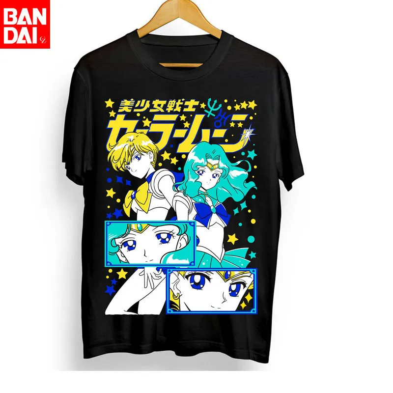 Camiseta Unisex Negra Lavada de Verano 2026 de Sailor Moon con Gráficos de Sailor Moon y Sailor Neptune, Estilo Anime Urbano Vintage