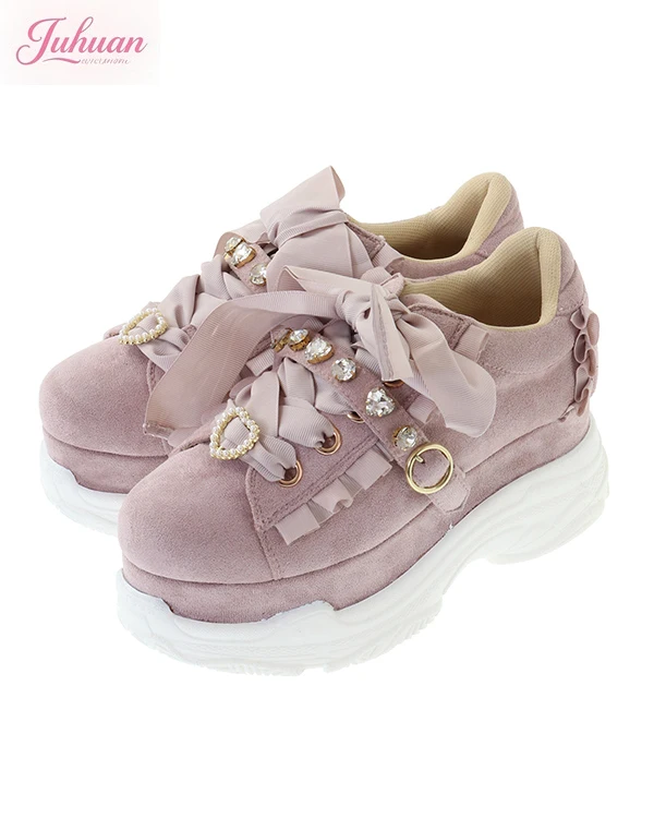 Scarpe da muffin giapponesi Sweet Lolita Love Scarpe da ginnastica con plateau con fiocco in strass Scarpe casual Scarpe da studente da donna Campus Incontri giornalieri